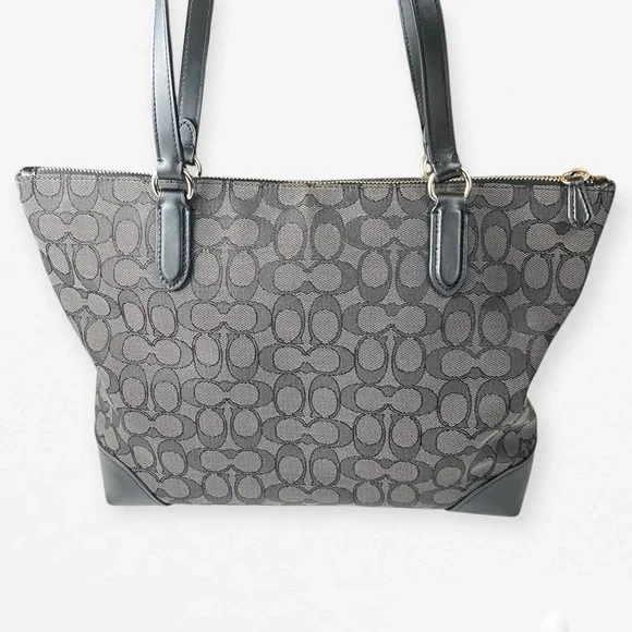 Coach Black Signature Jacquard Tote Shoulder Bag with Leather Trim + zip wallet - Picture 4 of 16